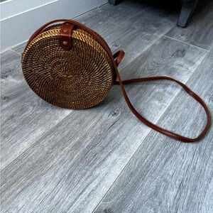 Round Woven Crossbody Bag - Brown